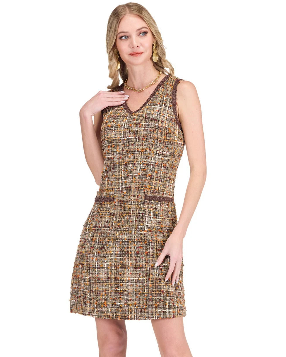 Brown Tweed VNeck Dress