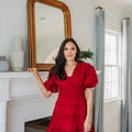 Solid Lace Trim Vneck Puff Slv Dress